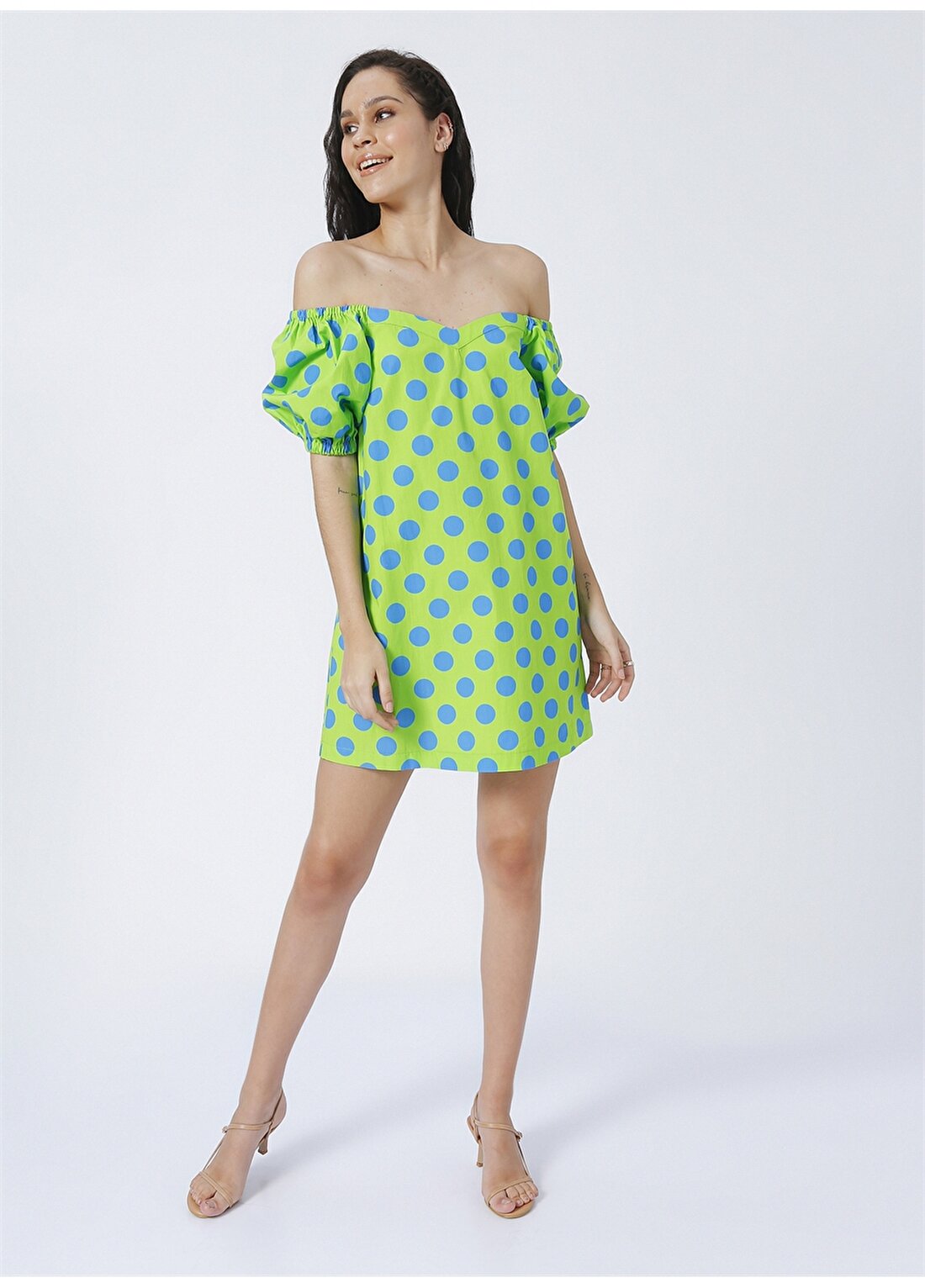 Fabrika Straplez Yaka Desenli Mini Yeşil Kadın Elbise YM-04