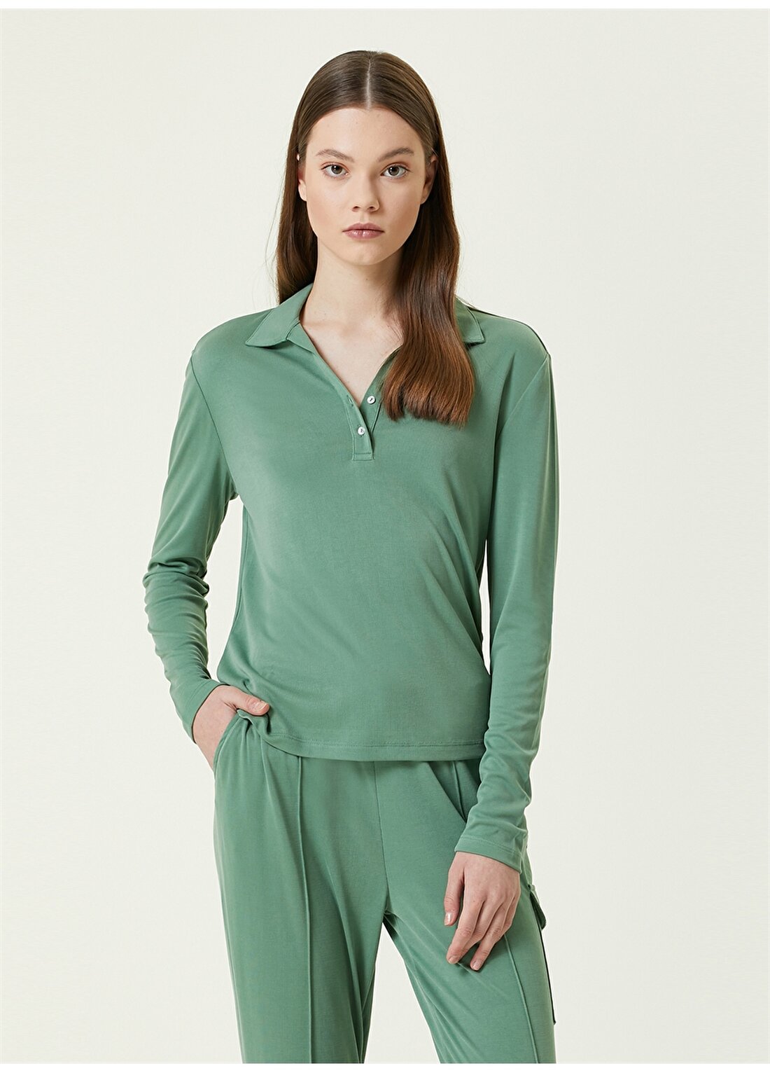 Network 1083026 Polo Yaka Basic Desenli Yeşil Kadın Sweatshirt