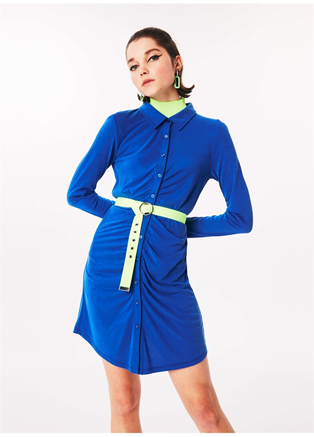 Twist TS1220002143020 Gömlek Yaka Saks Kadın Mini Elbise