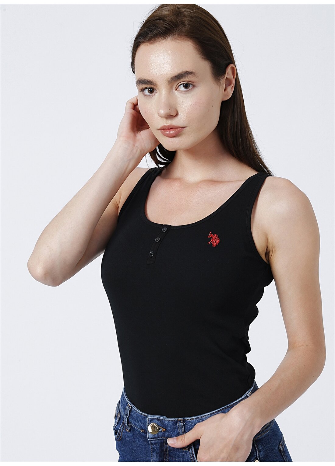 U.S. Polo Assn. Gedda22 U Yaka Slim Fit Düz Siyah Kadın T-Shirt