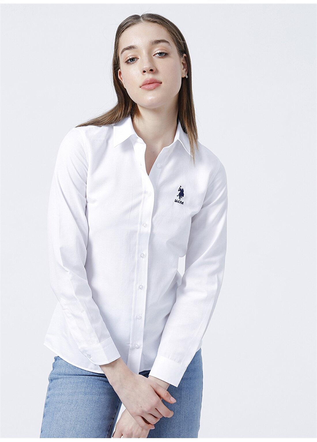 U.S. Polo Assn. Wox22y Slim Fit Düz Beyaz Kadın Gömlek
