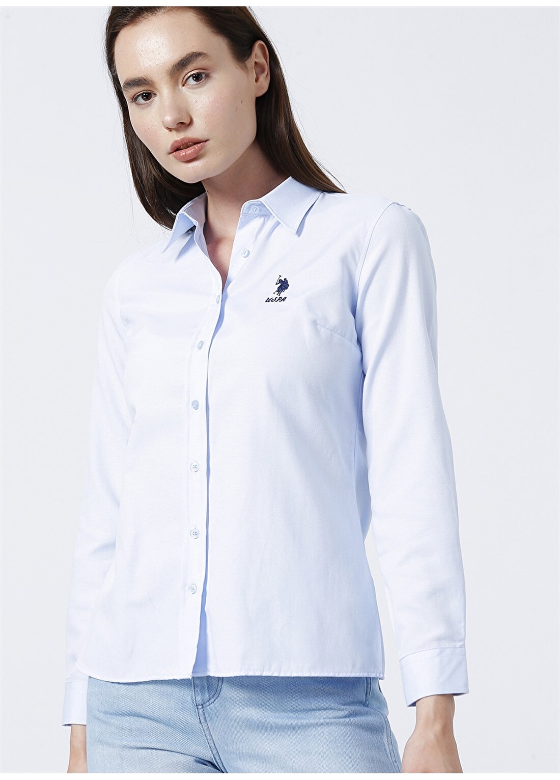 U.S. Polo Assn. Wox22y Slim Fit Düz Mavi Kadın Gömlek