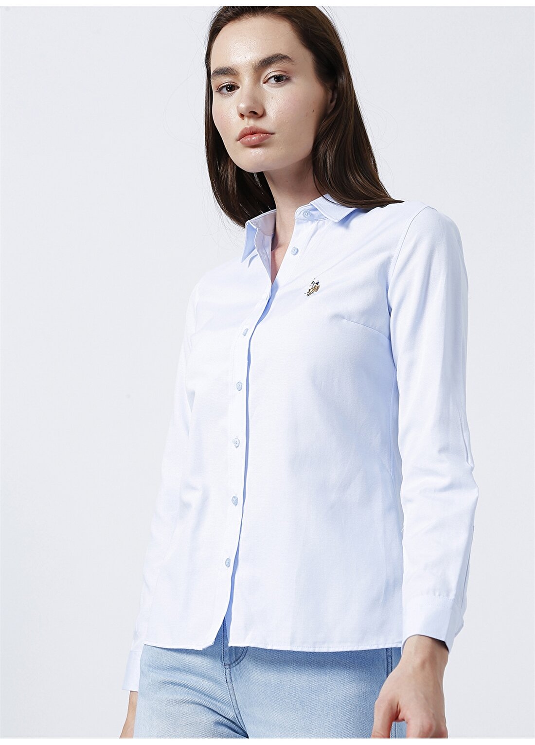 U.S. Polo Assn. Woxcolor22y Slim Fit Düz Mavi Kadın Gömlek