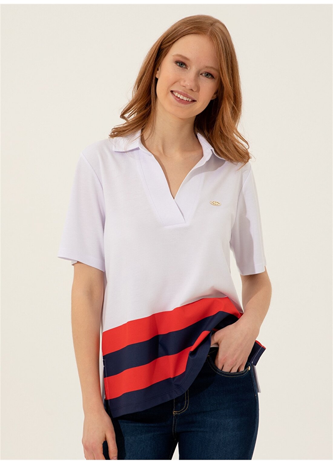 U.S. Polo Assn. Feslem Gömlek Yaka Regular Fit Çizgili Beyaz Kadın T-Shirt