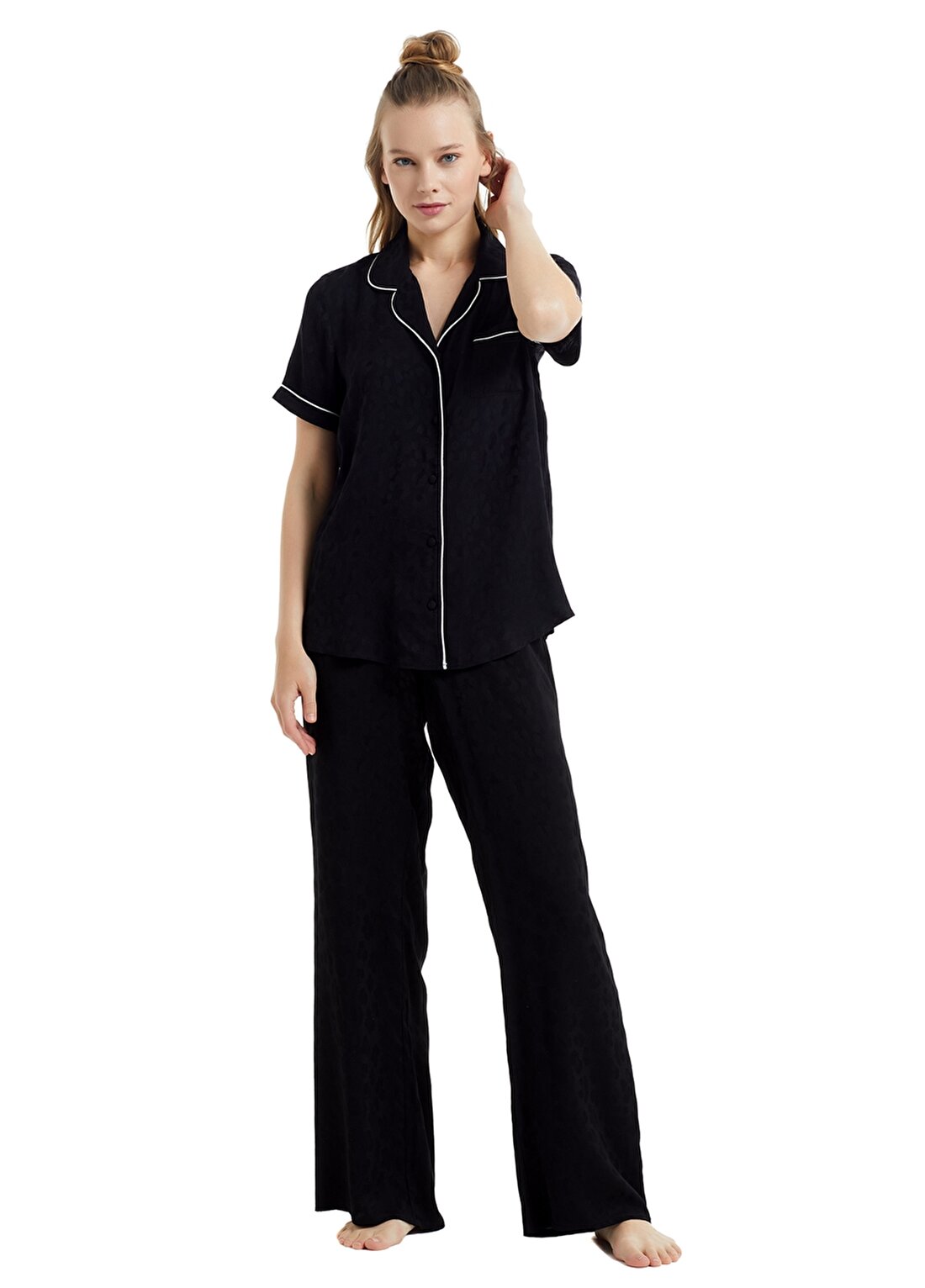 Blackspade 60072 Gömlek Yaka Kısa Kollu Lastikli Standart Kalıp Düz Siyah Kadın Pijama Takımı