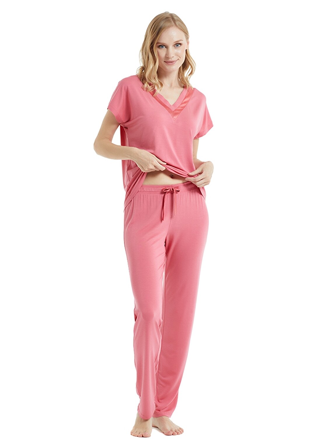 Blackspade 50757 V Yaka Kısa Kollu Lastikli Standart Kalıp Düz Pembe Kadın Pijama Takımı