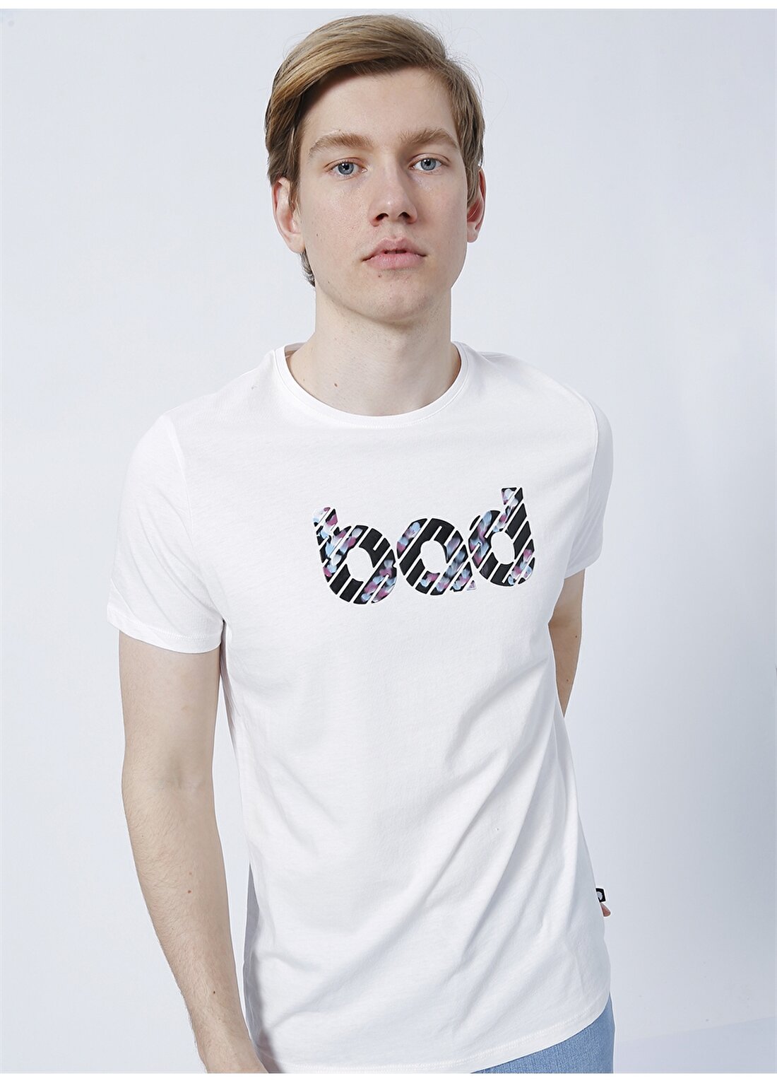 Bad Bear 22.01.07.014_Bad O Yaka Baskılı Kırık Beyaz Erkek T-Shirt