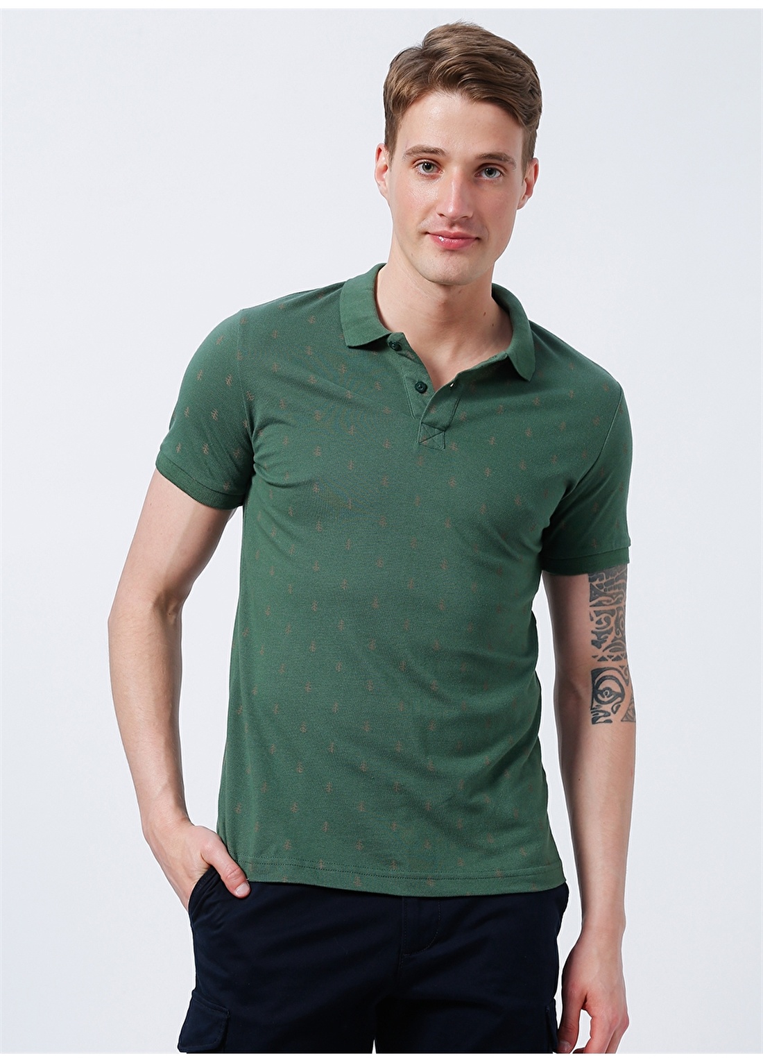 Lee Cooper Desenli Koyu Yeşil Erkek Polo T-Shirt 222 LCM 242058 PINE K. YESIL