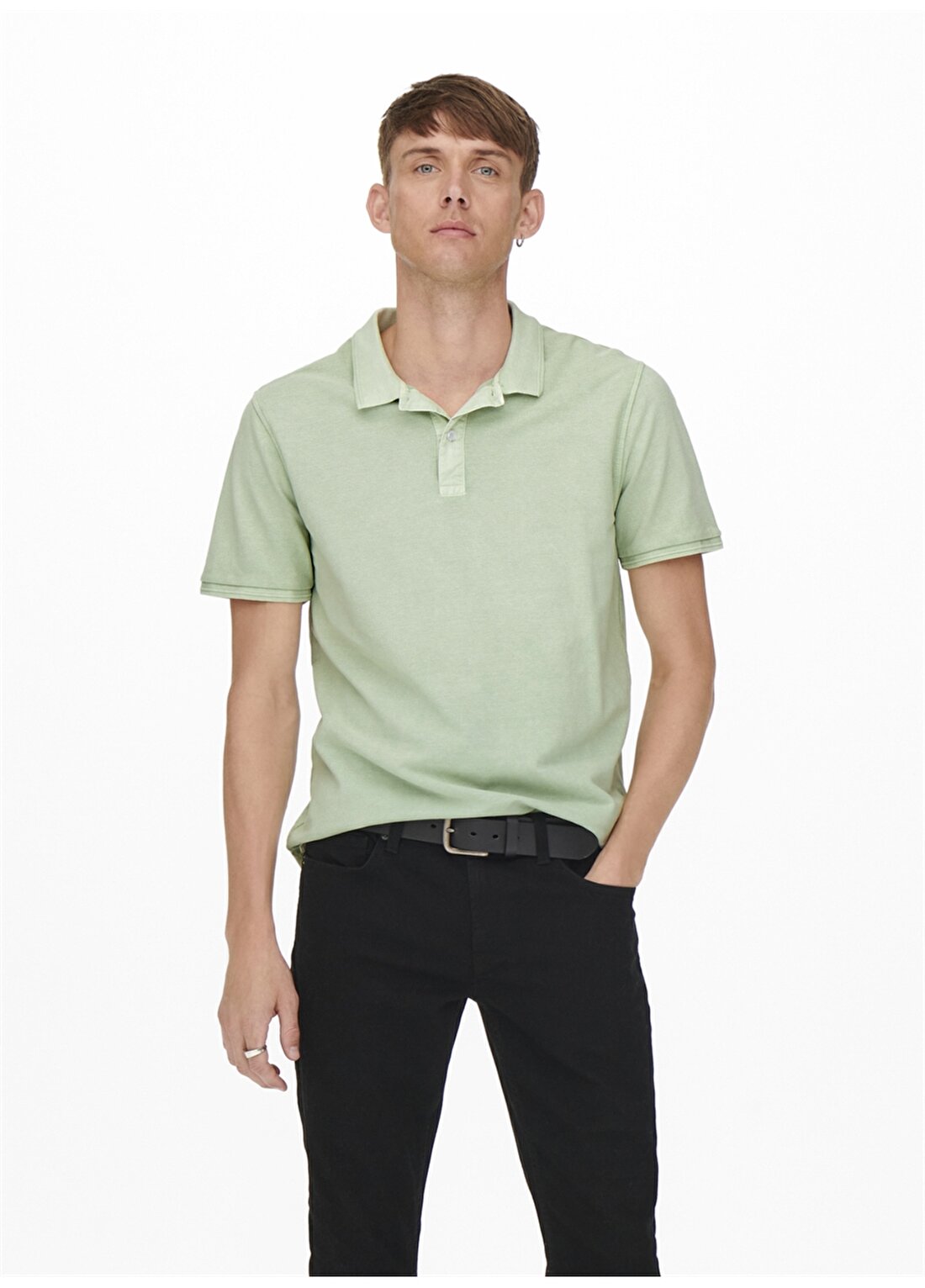 Only & Sons Gömlek Yaka Normal Kalıp Taşlamalı Açık Yeşil Erkek Polo T-Shirt - 22021769_Onstravis