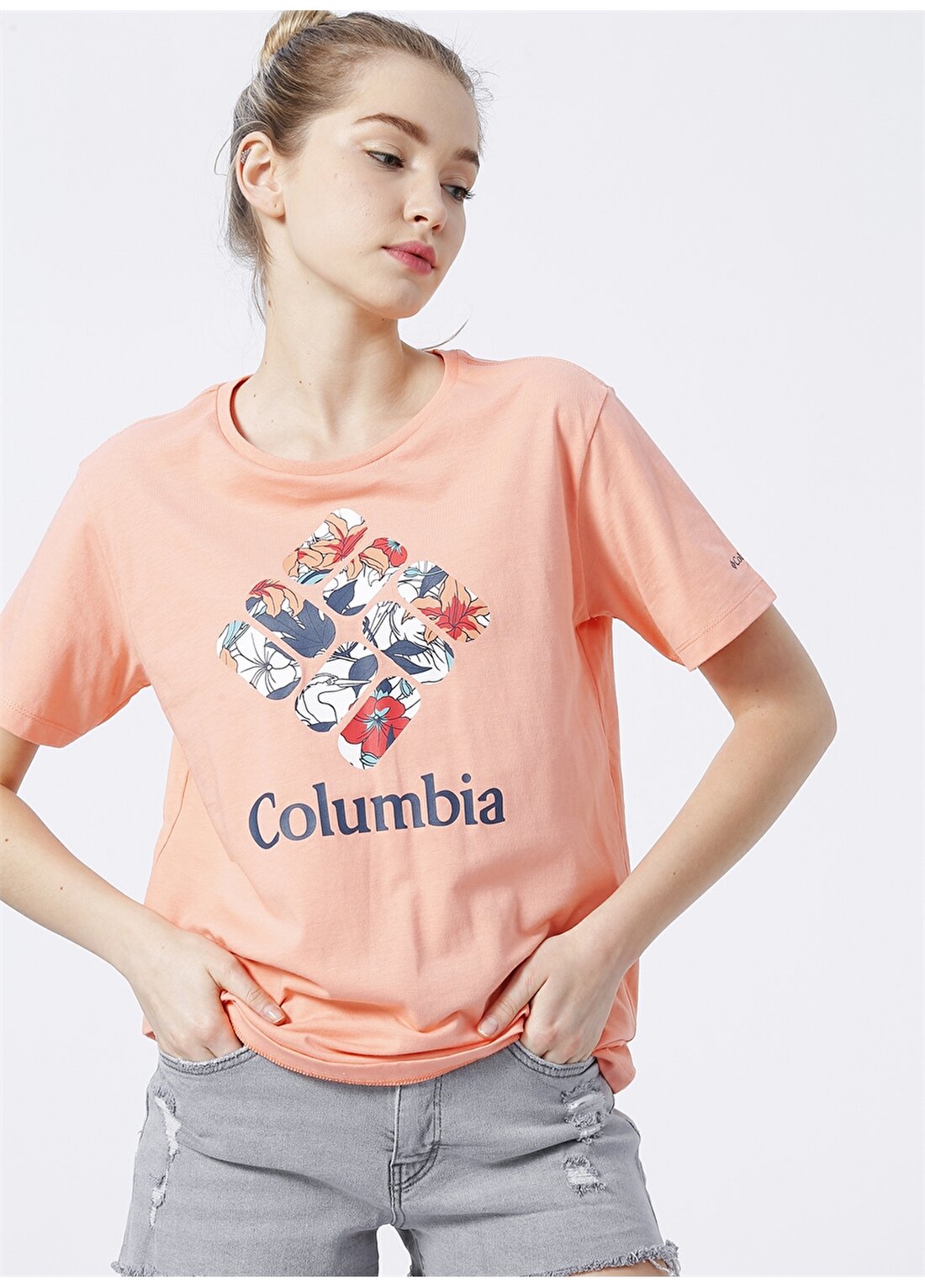 Columbia O Yaka Baskılı Mercan Kadın T-Shirt 9220090879 879 CS0256