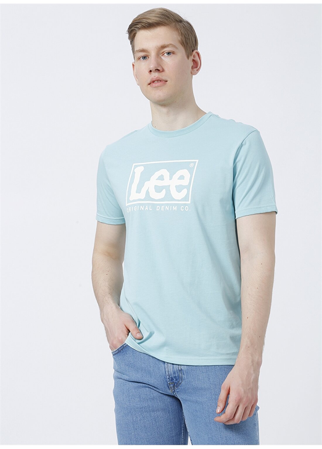 Lee Bisiklet Yaka Baskılı Açık Mavi Erkek T-Shirt L68TYSUD_ Logo T-Shirt