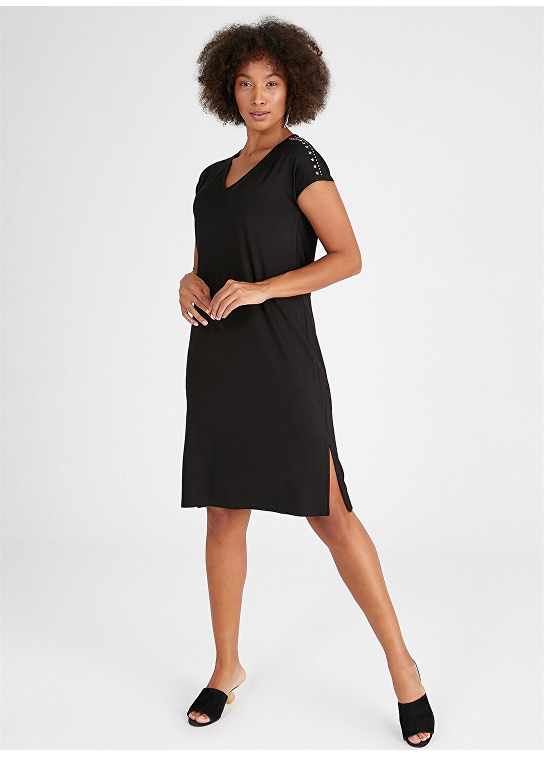 Faik Sönmez V Yaka Siyah Diz Altı Kadın Elbise B00071-2