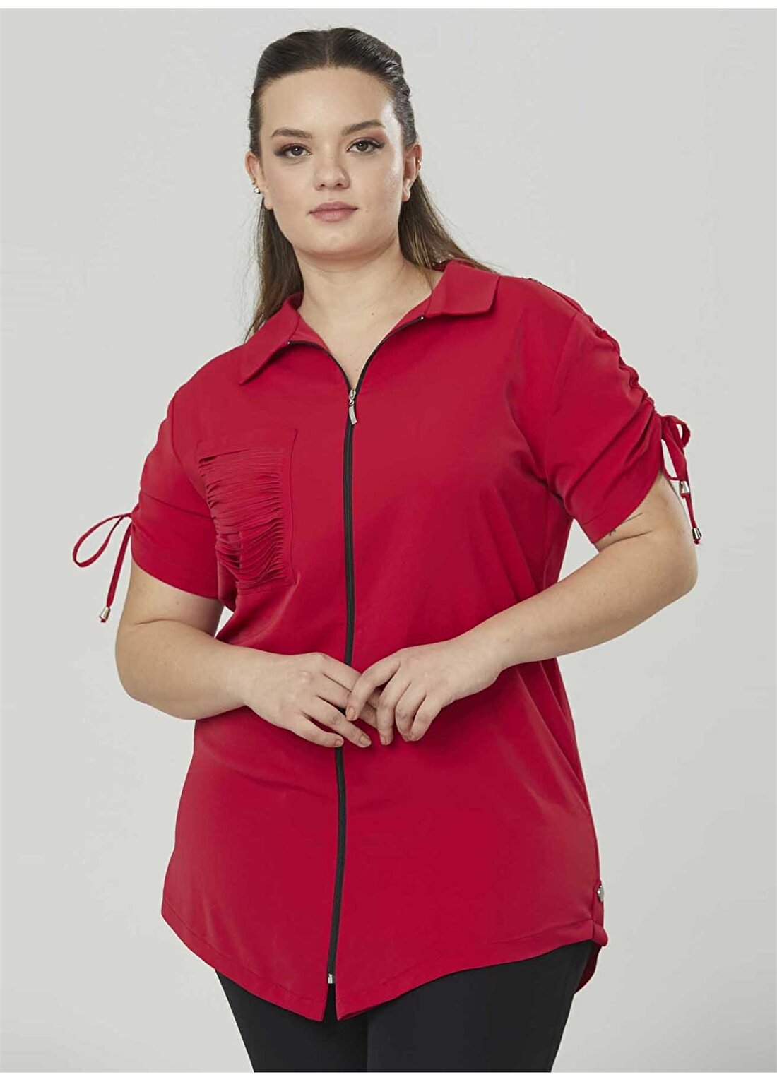 Selen 22YSL8312 Gömlek Yaka Normal Kalıp Düz Kırmızı Kadın Bluz