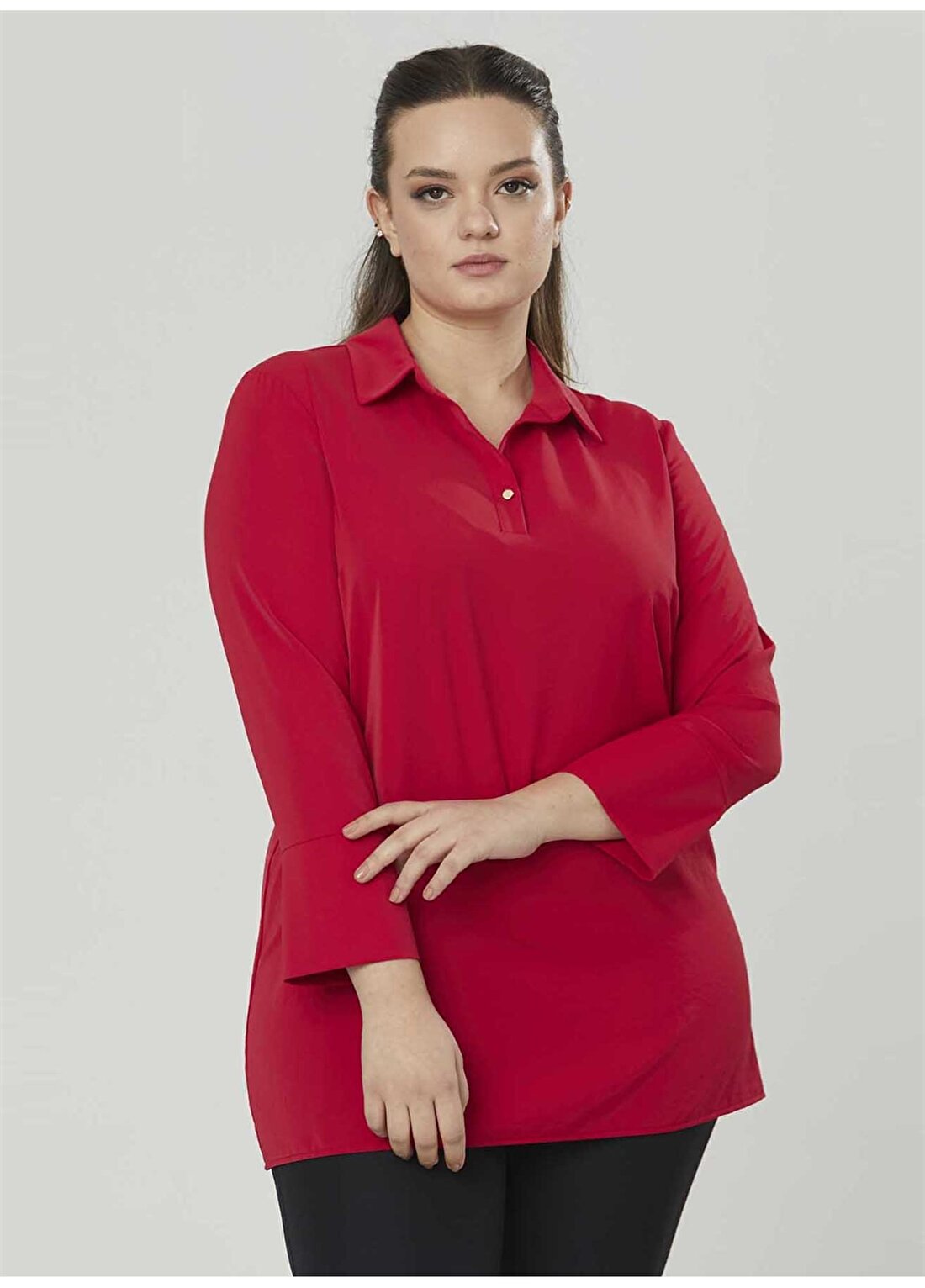 Selen 22YSL8317 Gömlek Yaka Normal Kalıp Düz Kırmızı Kadın Bluz