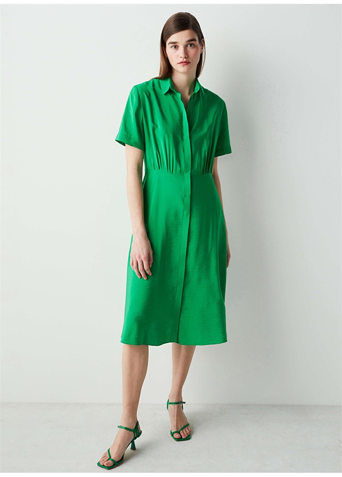 İpekyol IS1220002492070 Gömlek Yaka Normal Kalıp Yeşil Kadın Elbise