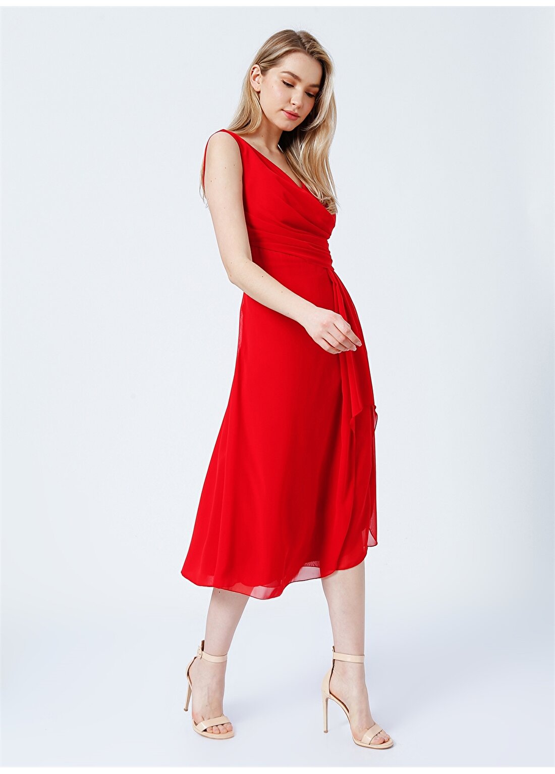 Selen 22YSL7161 Kruvaze Yaka Standart Kalıp Düz Kırmızı Kadın Elbise