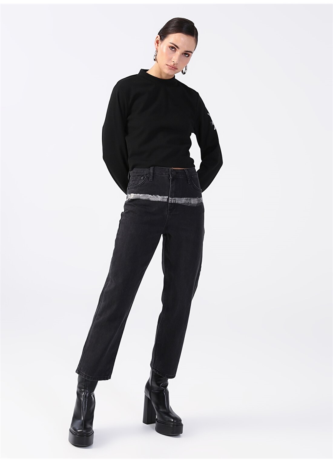 Black On Black Siyah Bol Kesim Batik Çizgi Detaylı Kadın Denim Pantolon K-KEVA