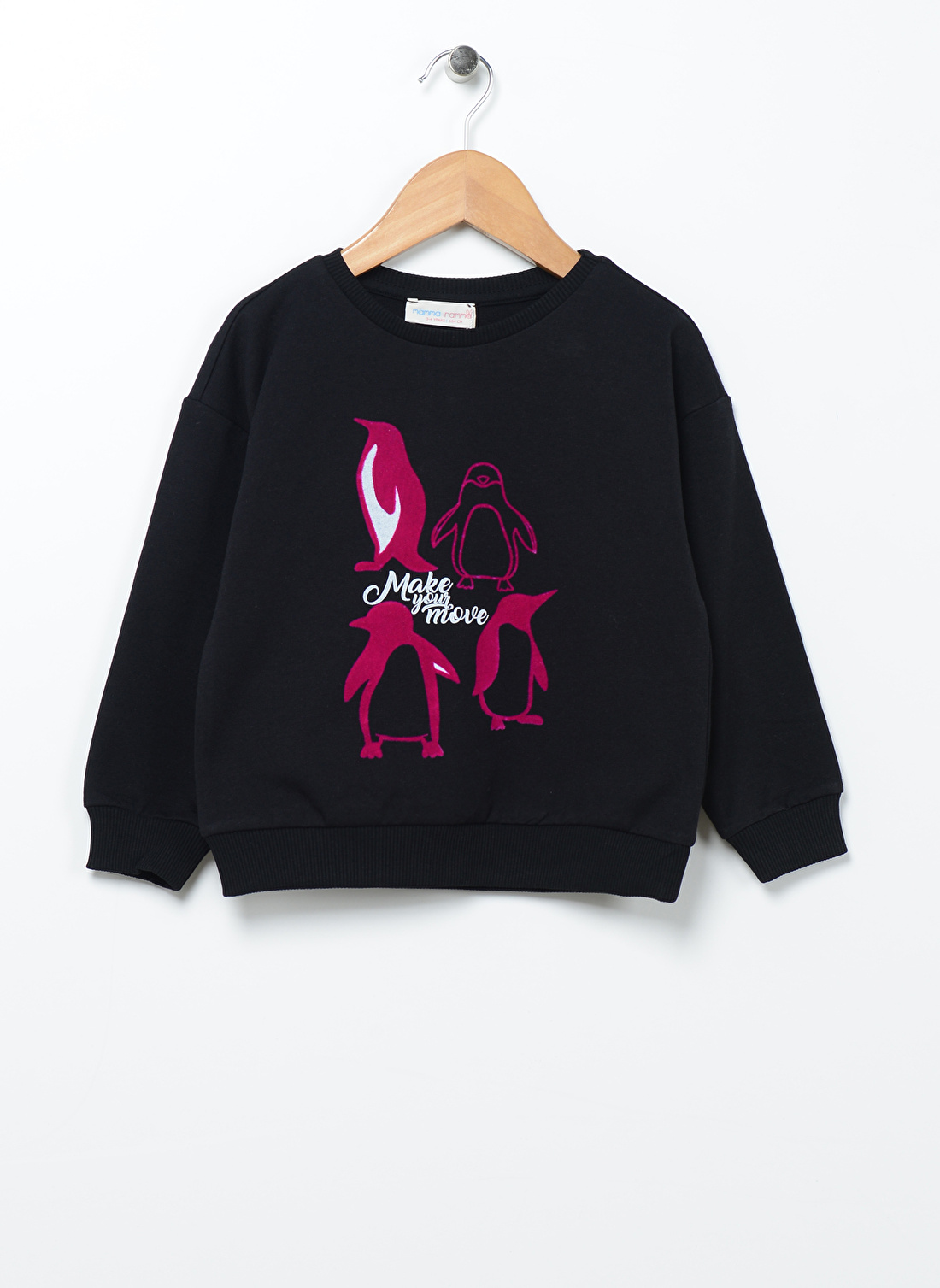 Mammaramma Siyah Kız Bebek Bisiklet Yaka Düşük Omuz Oversize Baskılı Sweatshirt 22FWG-41  