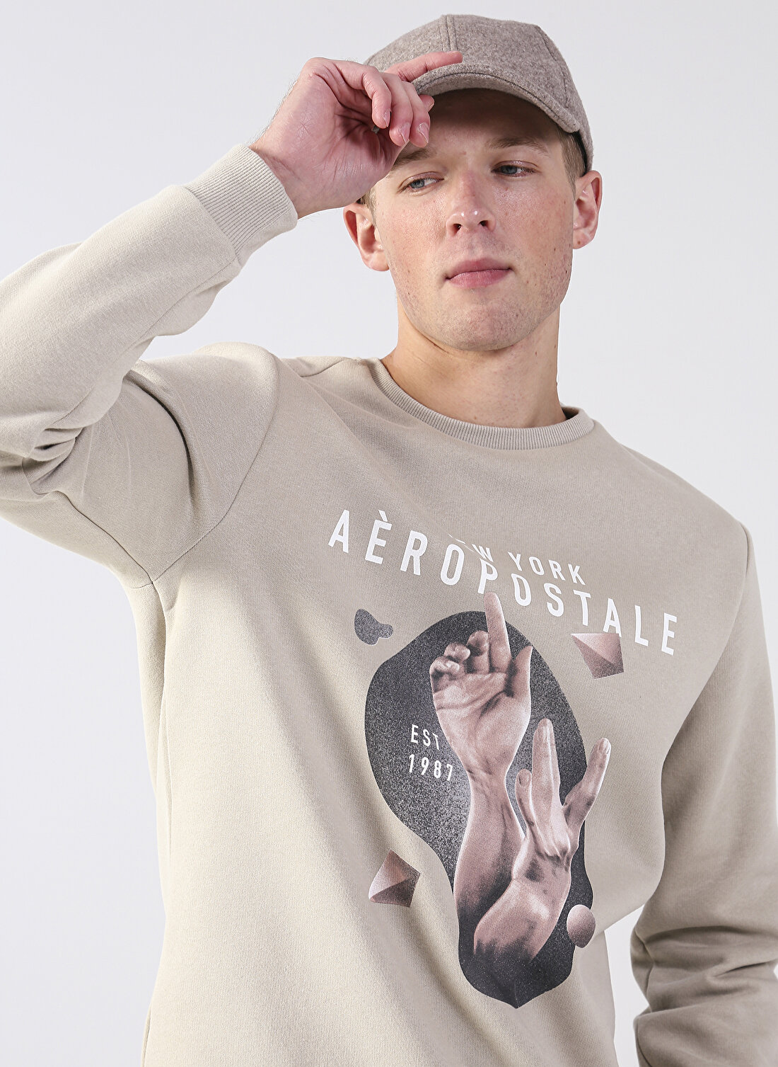 Aeropostale Bisiklet Yaka Baskılı Açık Bej Erkek Sweatshırt E-HOPE