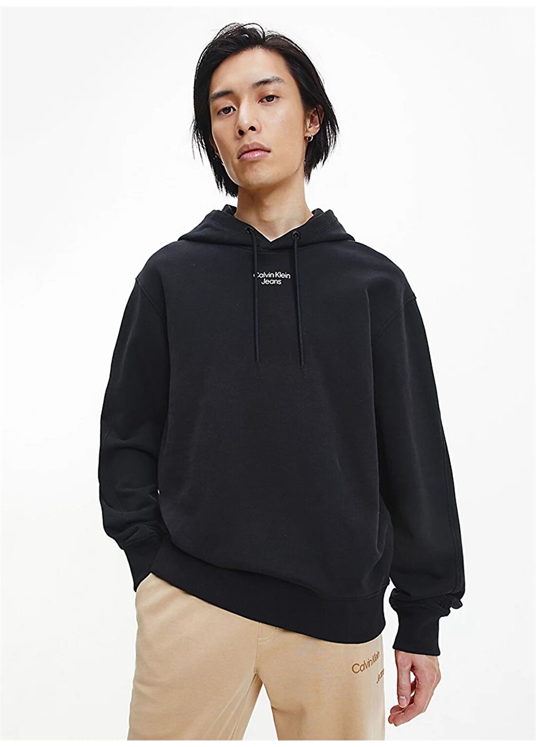 Calvin Klein Jeans Siyah Erkek Kapüşonlu Baskılı Sweatshirt J30J320604-BEH_STACKED LOGO HOODIE