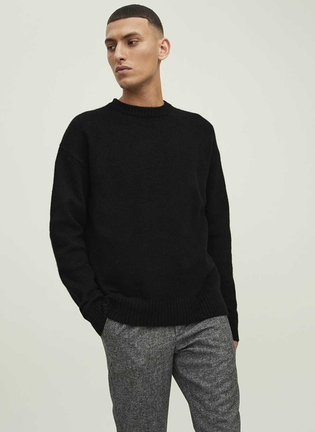 Jack & Jones Bisiklet Yaka Regular Fit Düz Siyah Erkek Yün Kazak 12215468_JOROLLIE KNIT CREW NECK