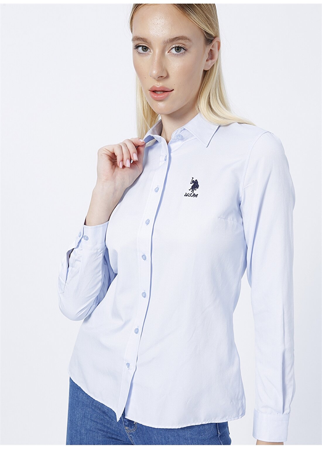 U.S. Polo Assn. Gömlek Yaka Düz Mavi Kadın Gömlek WOX022K