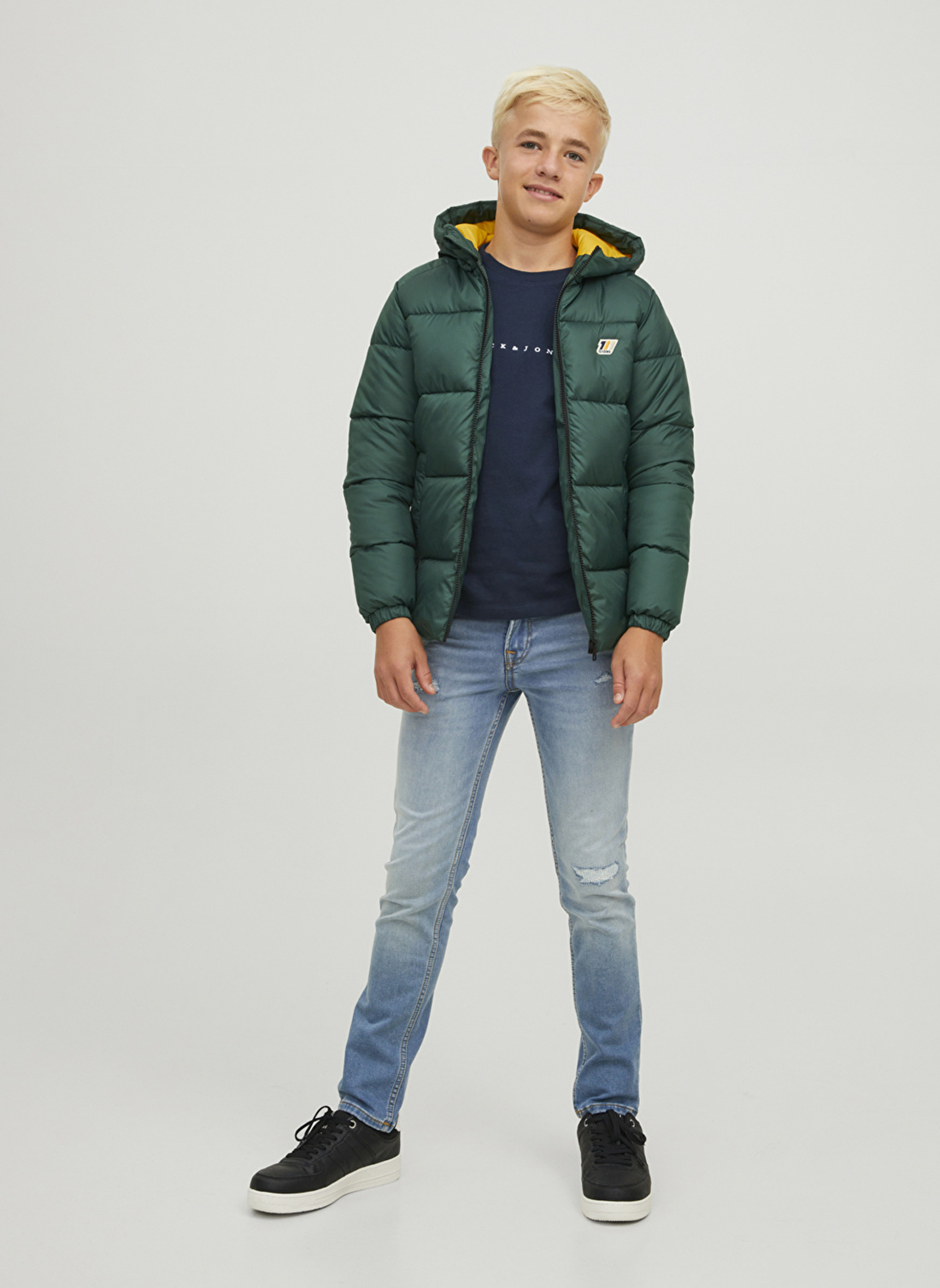 Jack & Jones Koyu Yeşil Erkek Çocuk Fermuarlı Uzun Kollu Düz Mont JORSLOPE PUFFER JACKET JNR  