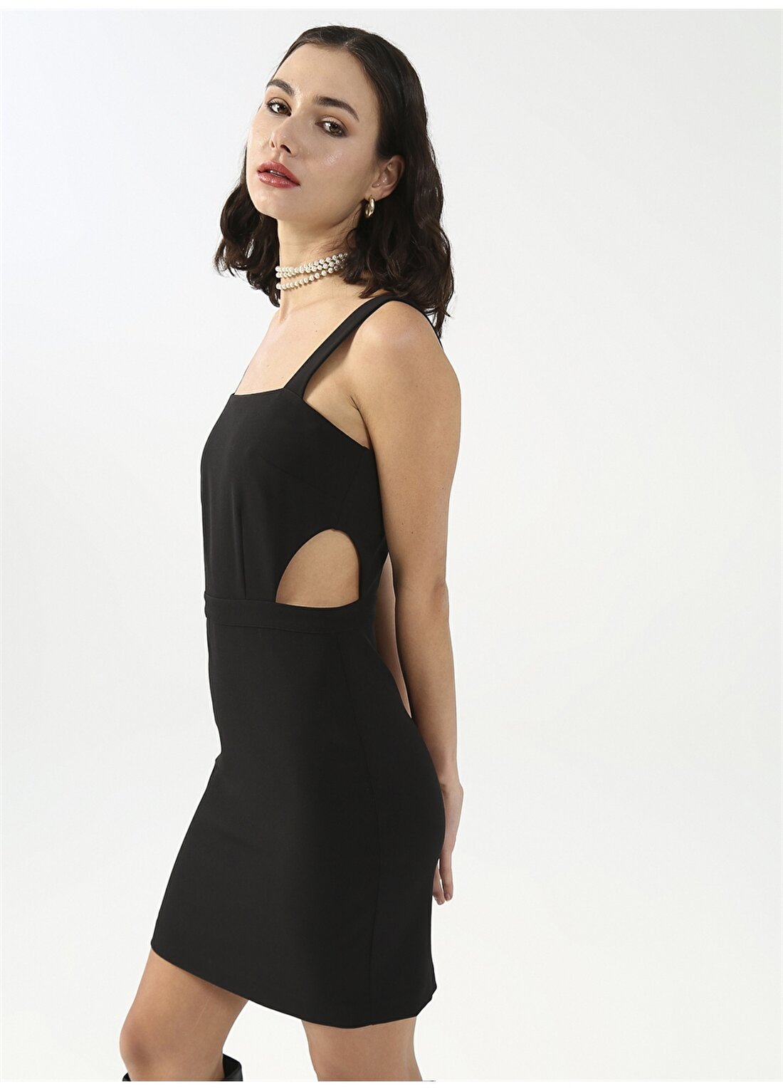 Fabrika Kare Yaka Düz Mini Siyah Kadın Elbise CHR-11