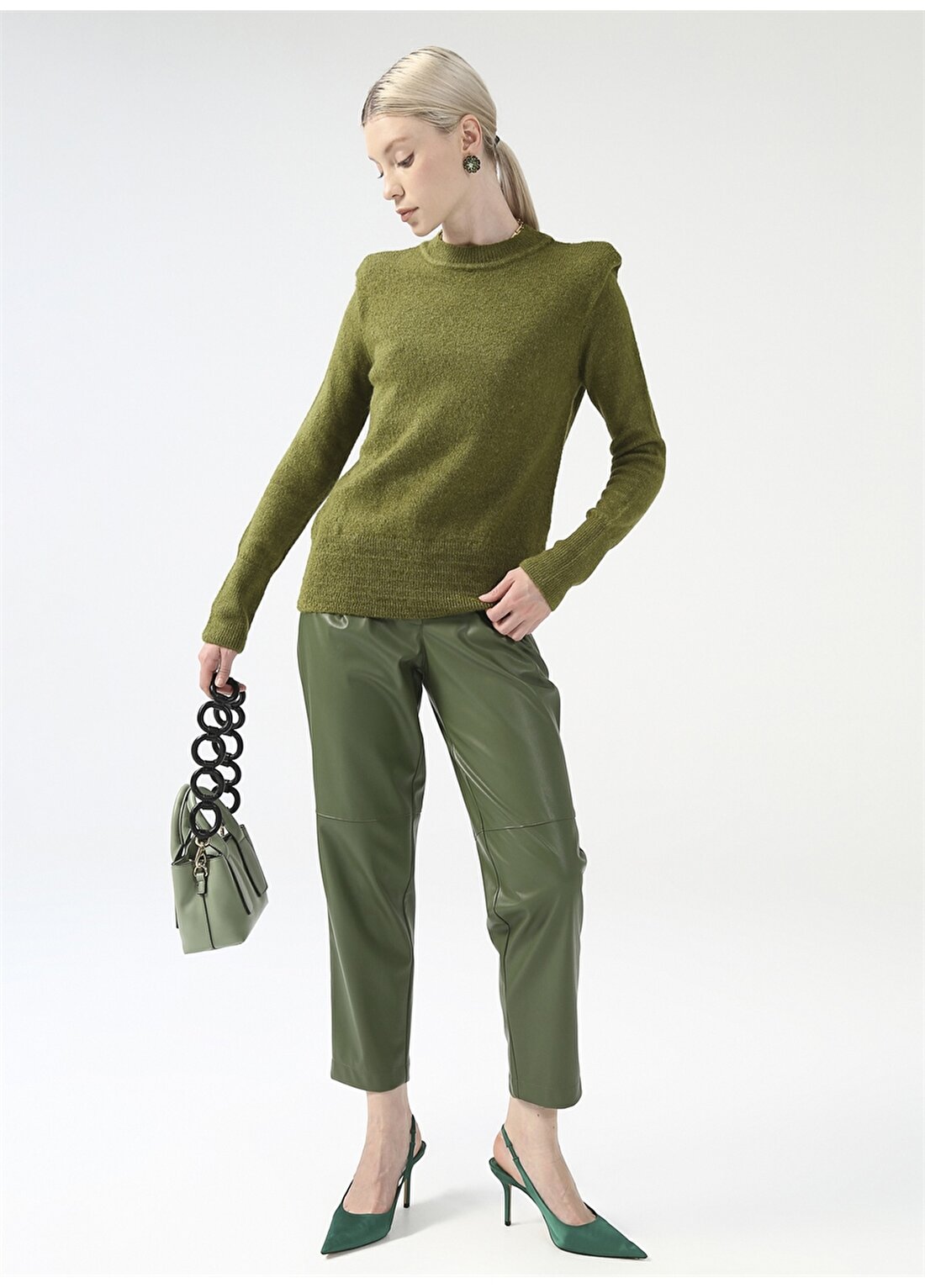 Fabrika Yeşil Kadın Deri Görünümlü Pantolon YMN-16
