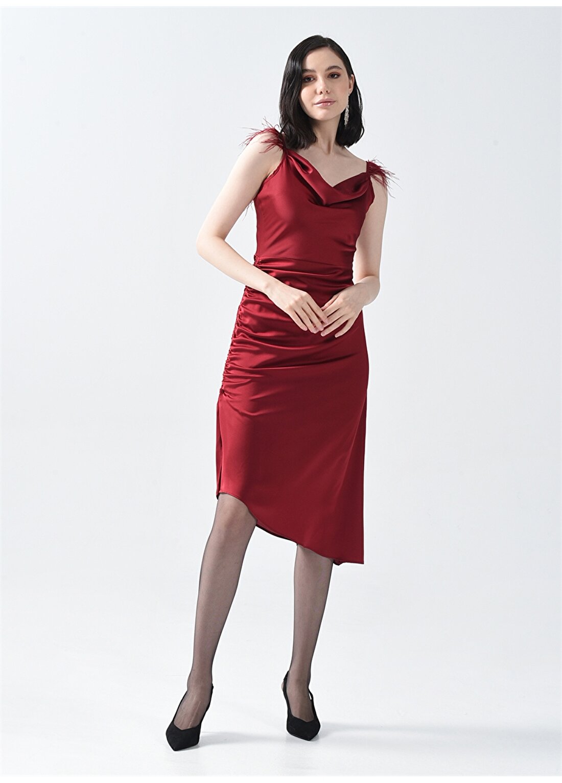 Pierre Cardin Degaje Yaka Kırmızı Diz Altı Kadın Büzgülü Saten Elbise LALIB