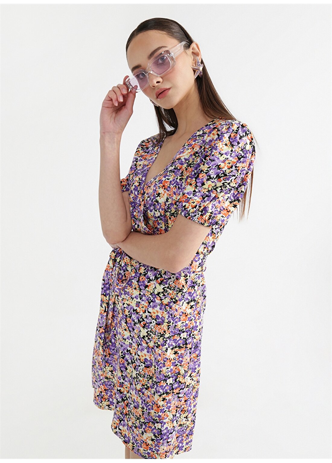 Fabrika Kruvaze Yaka Çiçek Desenli Çok Renkli Mini Kadın Elbise EMMA-2
