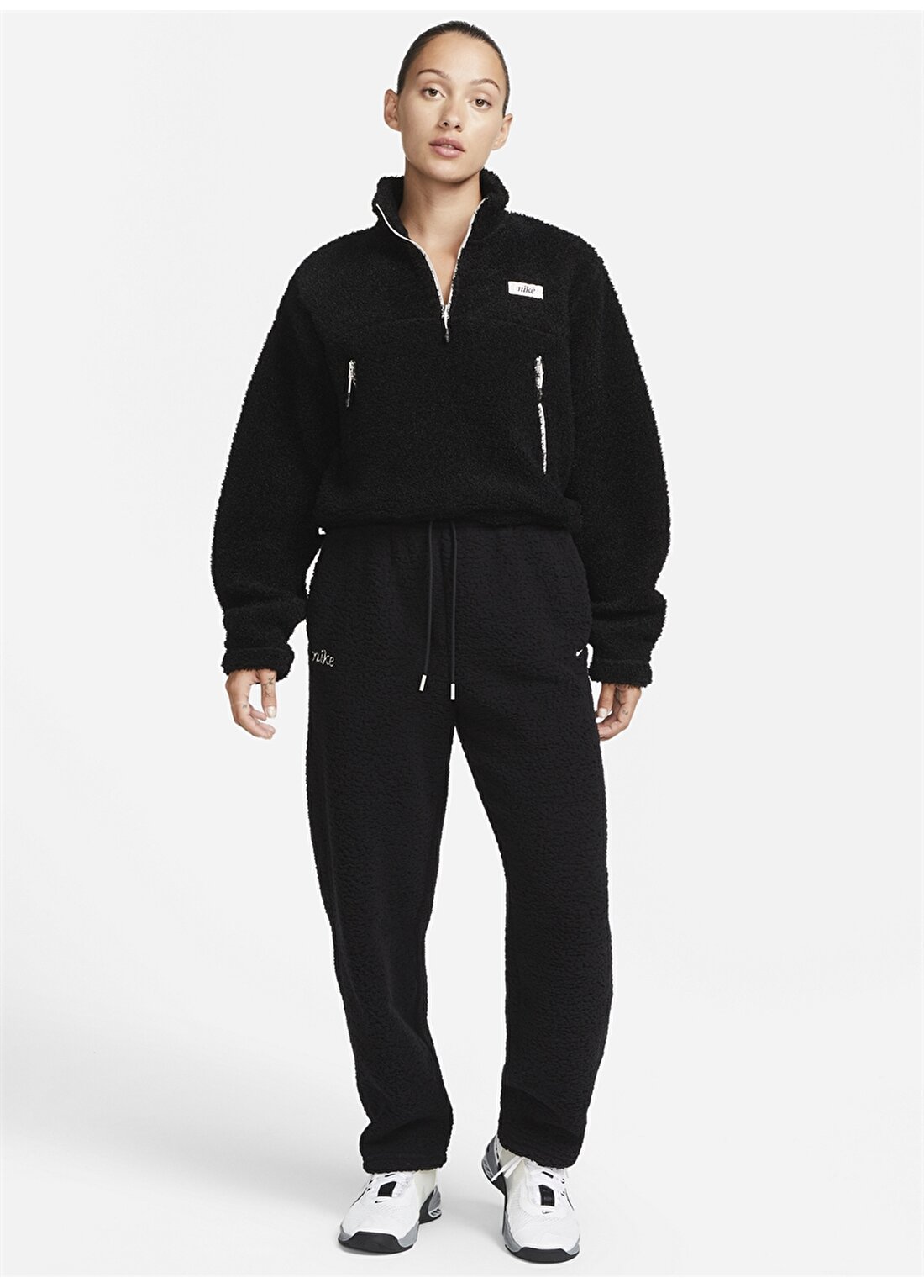 Nike Siyah - Gri - Gümüş Dik Yaka Kadın Sweatshirt DQ6242-010 W NK TF COZY HZ TOP STMT