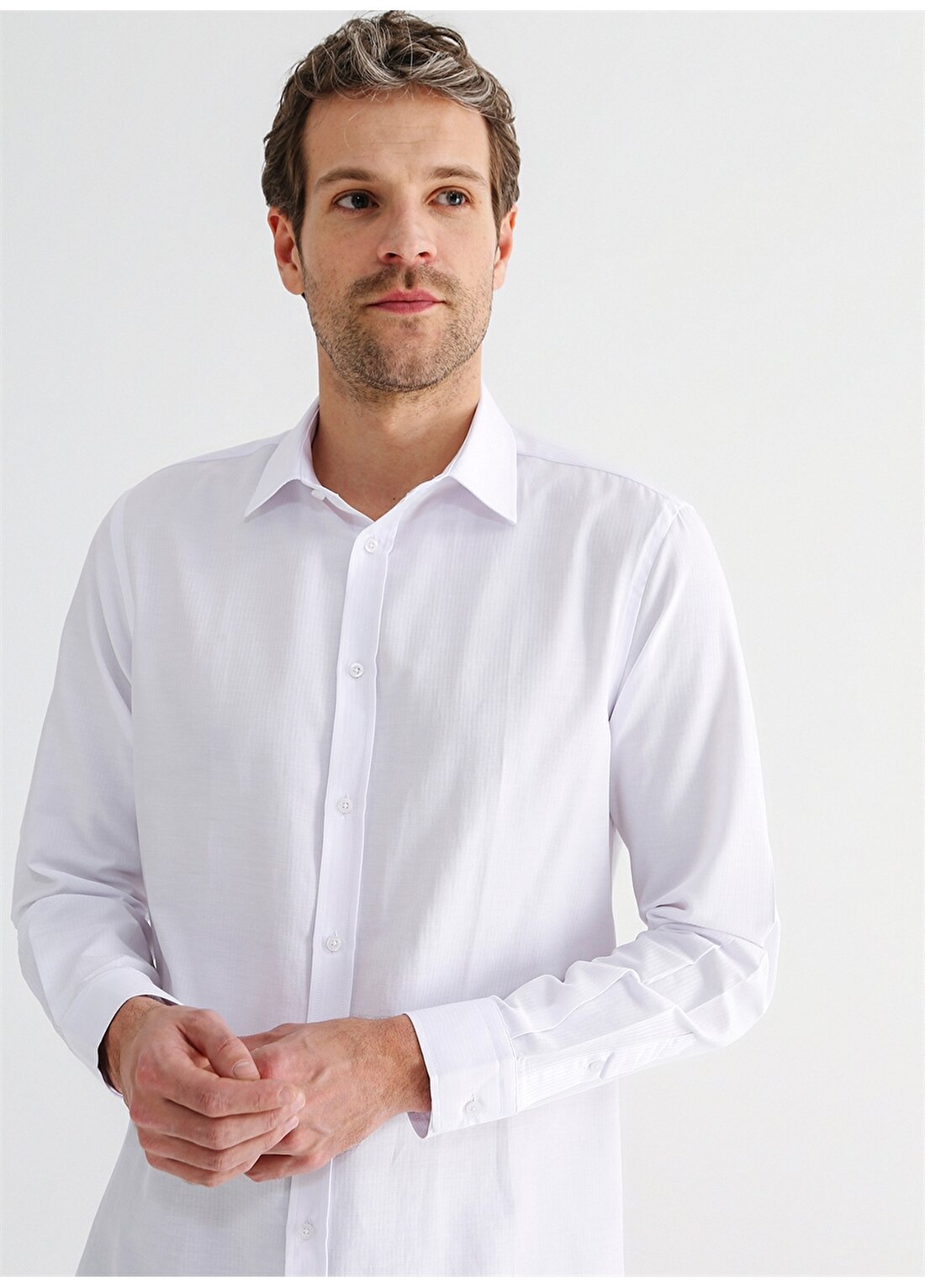 Fabrika Comfort Gömlek Yaka Çizgili Beyaz Erkek Gömlek MYDOS 105