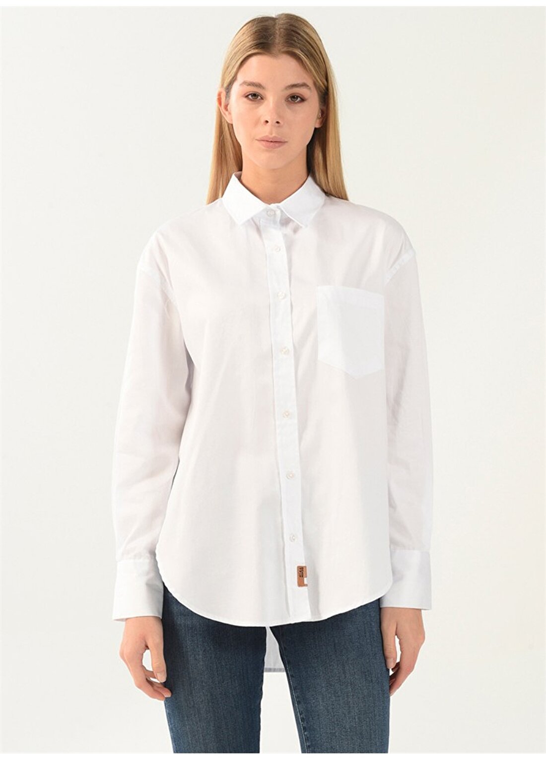 Denim Trip Gömlek Yaka Düz Beyaz Kadın Gömlek DT10060-2 BEYAZ