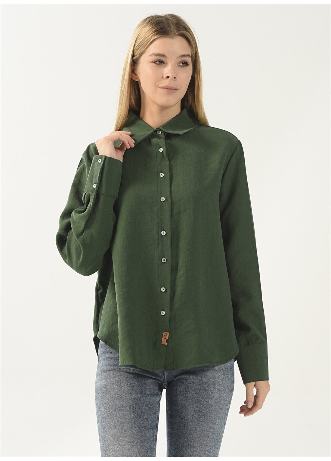 Denim Trip Gömlek Yaka Düz Yeşil Kadın Gömlek DT10059-1 YEŞİL