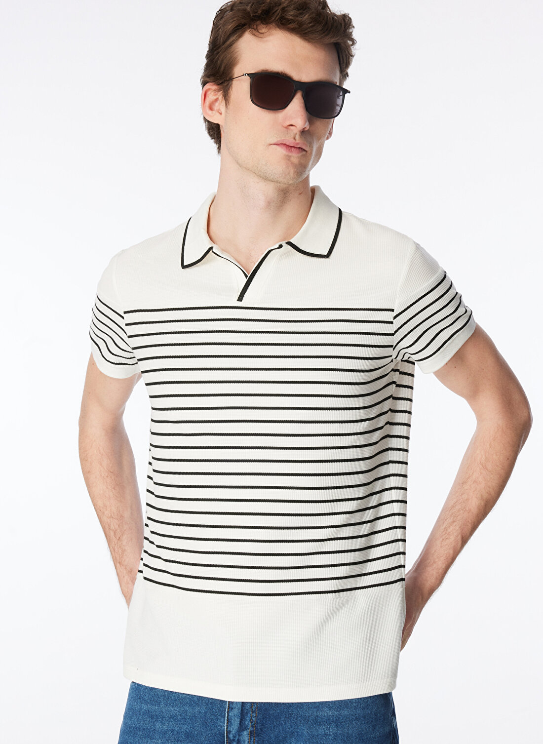 Fabrika Çizgili Beyaz Erkek Polo T-Shirt PORTER