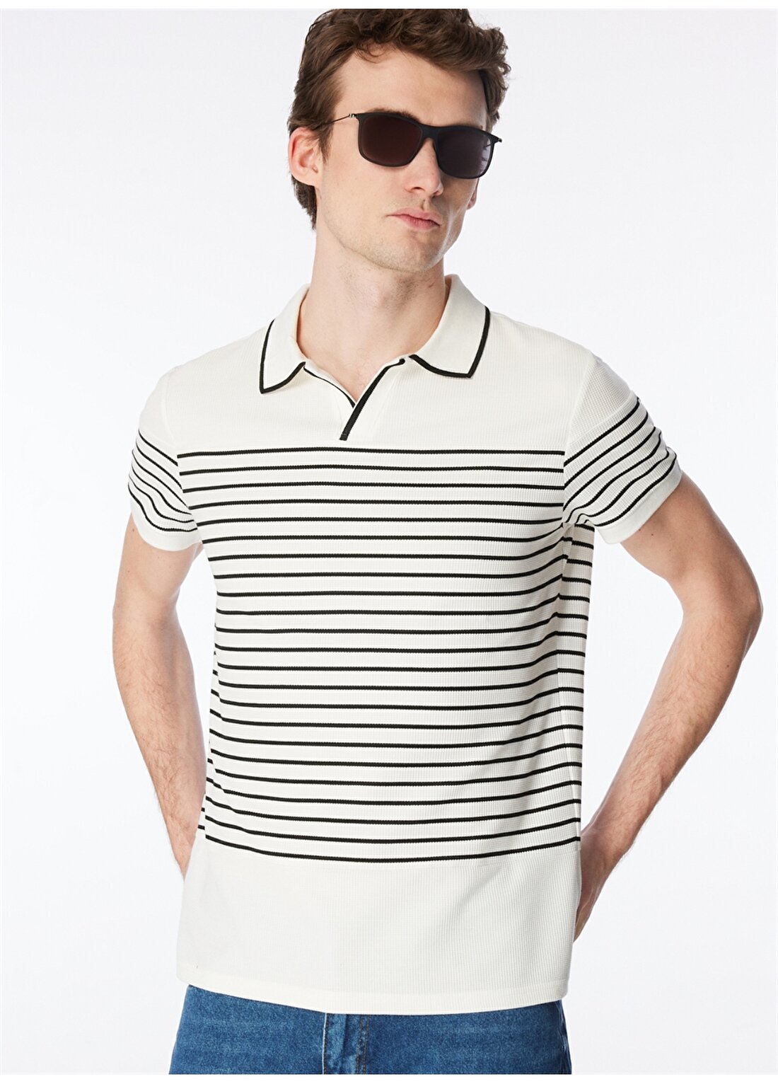 Fabrika Beyaz Erkek Basic Çizgili Polo T-Shirt PORTER