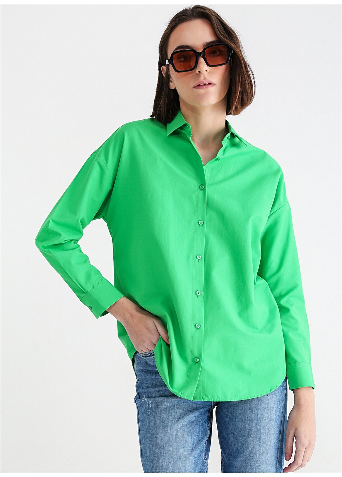 Aeropostale Oversize Gömlek Yaka Düz Yeşil Kadın Gömlek K-RONES