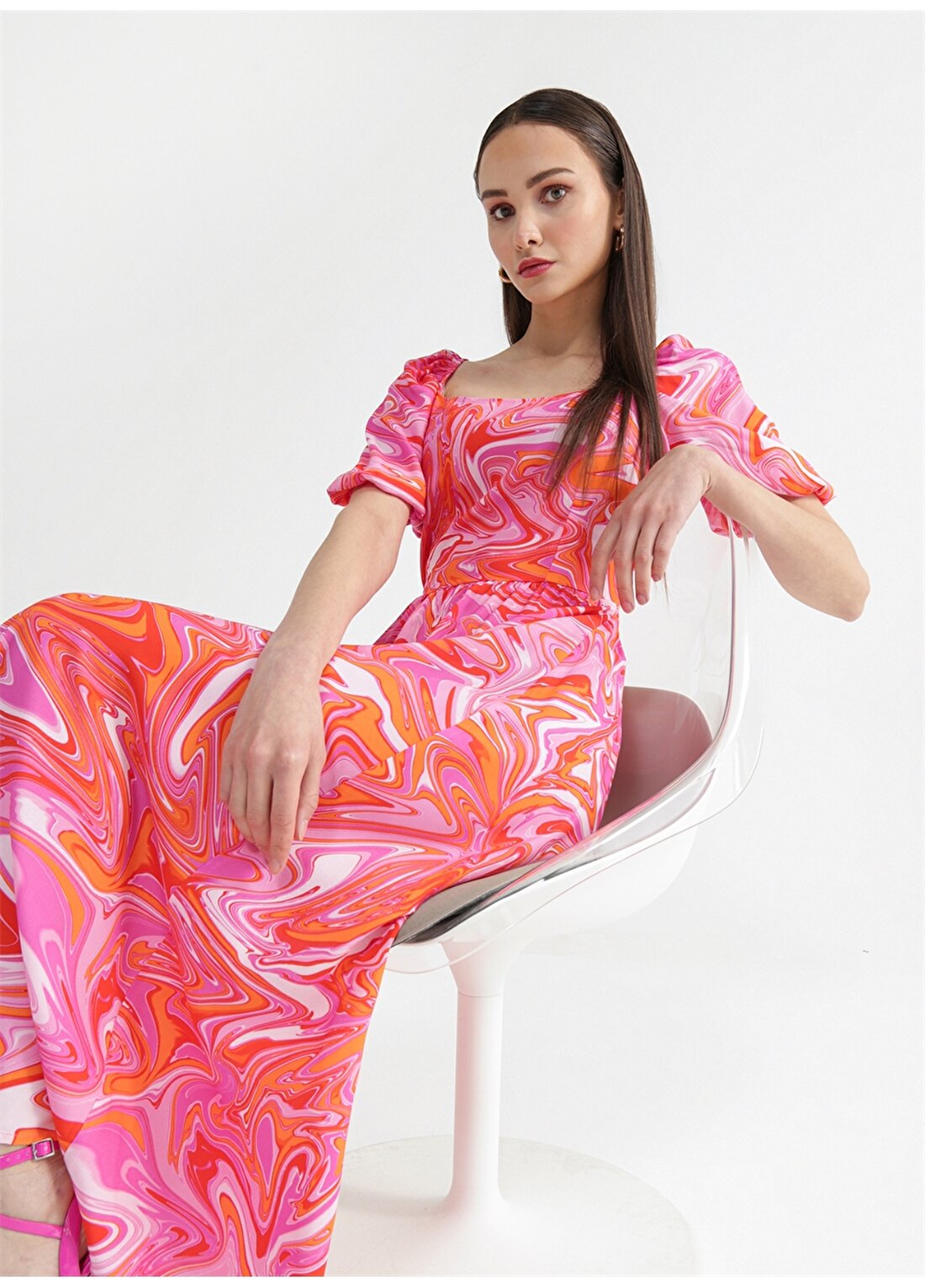 Fabrika Pembe - Çok Renkli Kadın Balon Kol Midi Basic Desenli Elbise MENDELE