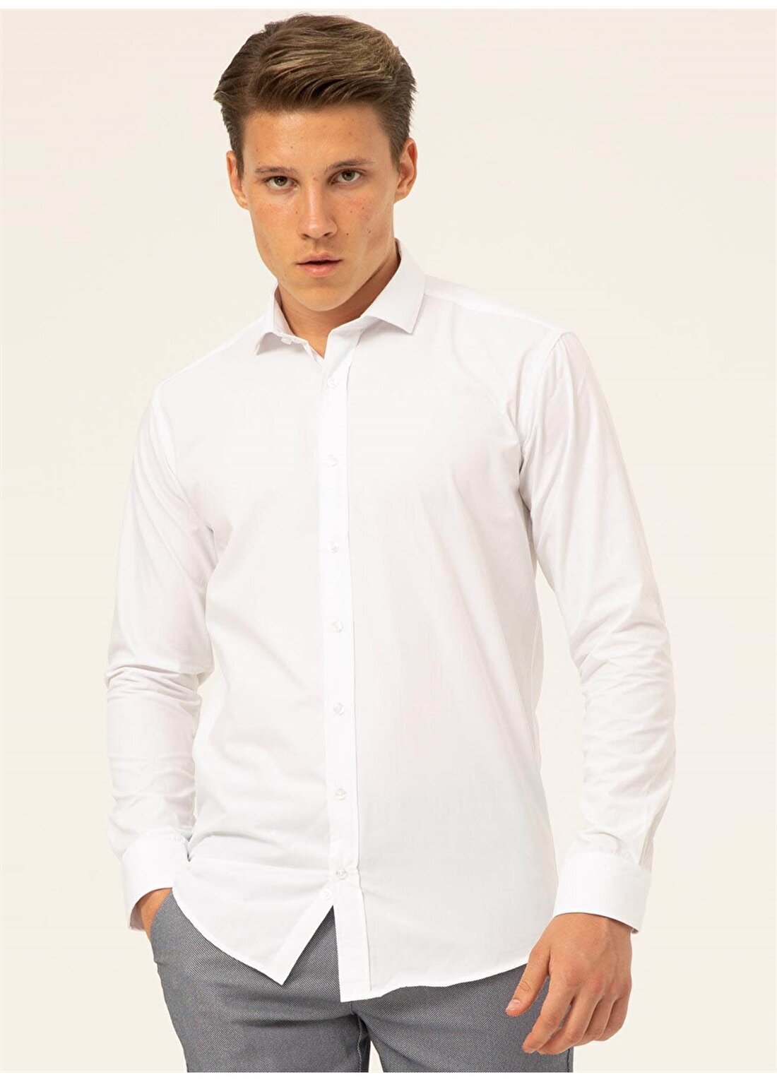 Süvari Klasik Yaka Düz Beyaz Erkek Gömlek GM1007100504