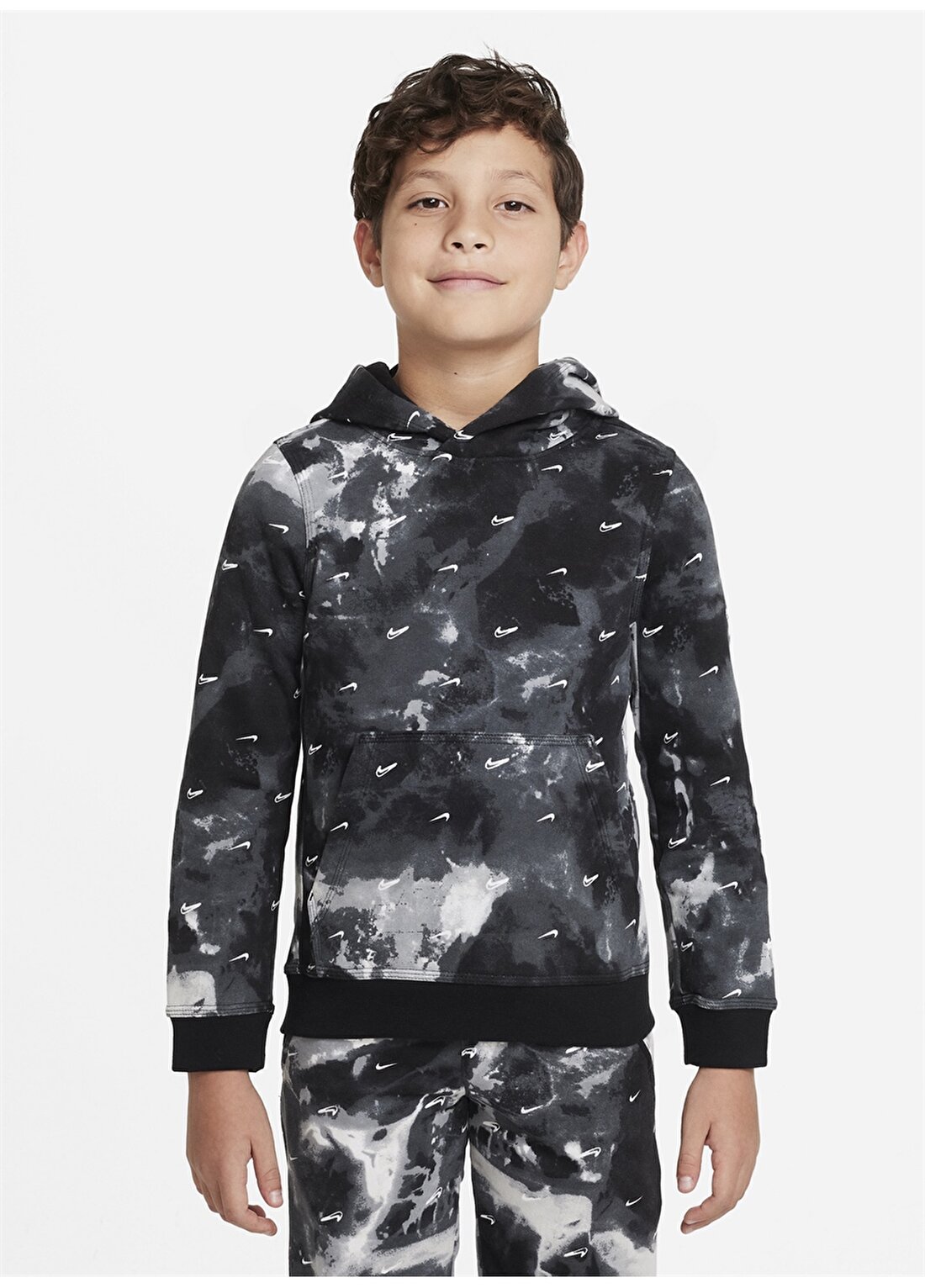 Nike Çocuk Siyah - Gri - Gümüş Kapüşonlu Sweatshirt DV3059-010 B NSW CLUB FLC PO FT AOP