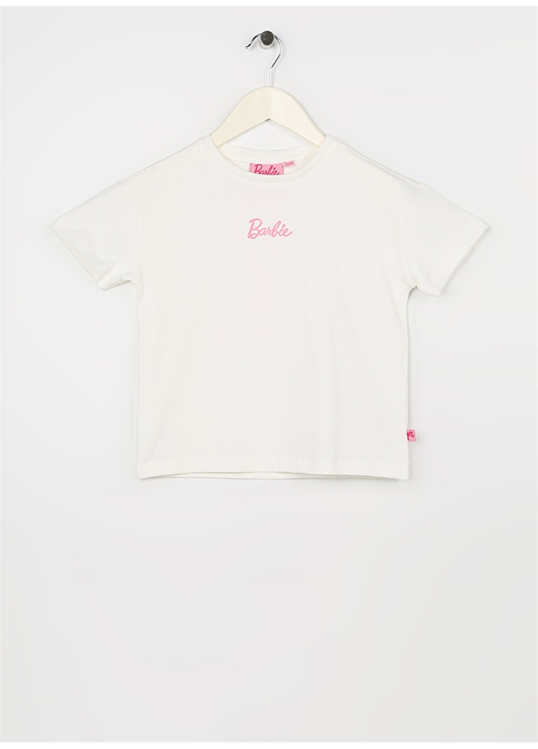 Barbie Ekru Kız Çocuk Bisiklet Yaka Düşük Omuz Oversize Baskılı T-Shirt 23SSB-09