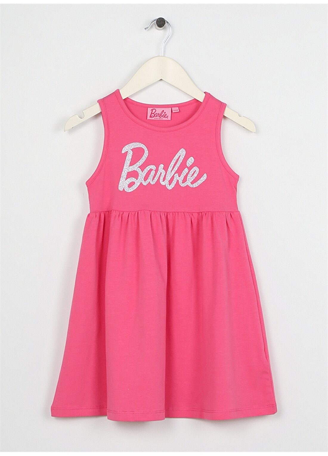 Barbie Fuşya Kız Çocuk Bisiklet Yaka Kolsuz Diz Üstü Baskılı Elbise 23SSB-85