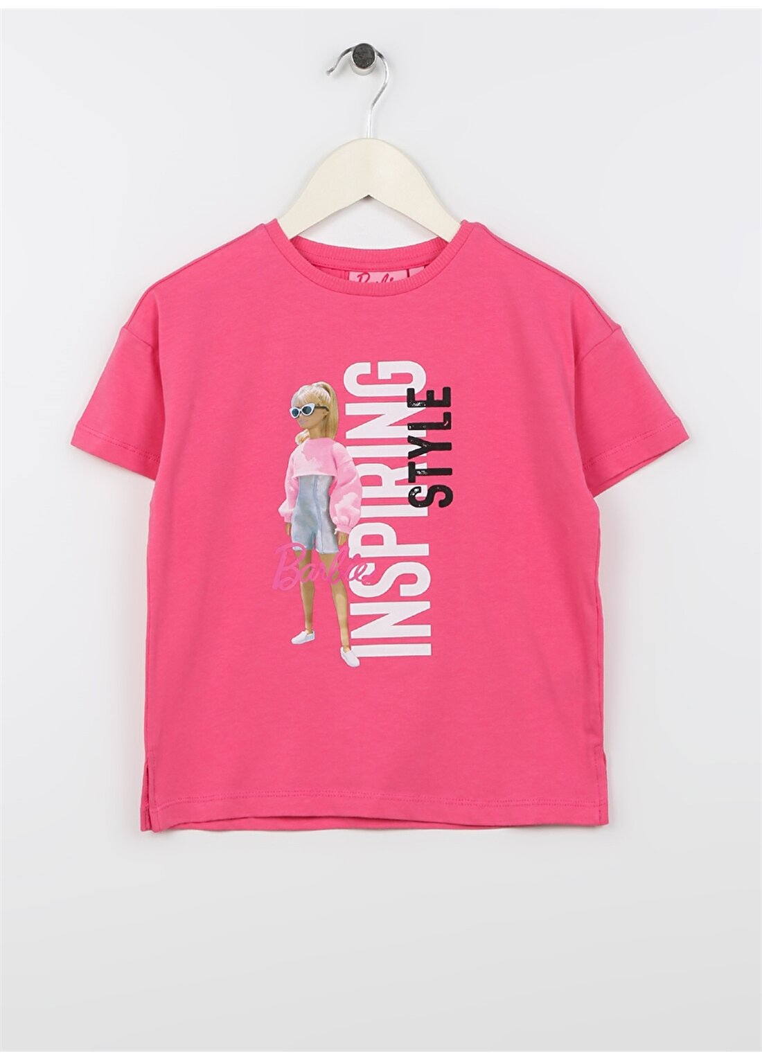 Barbie Fuşya Kız Çocuk Bisiklet Yaka Düşük Omuz Oversize Baskılı T-Shirt 23SSB-66