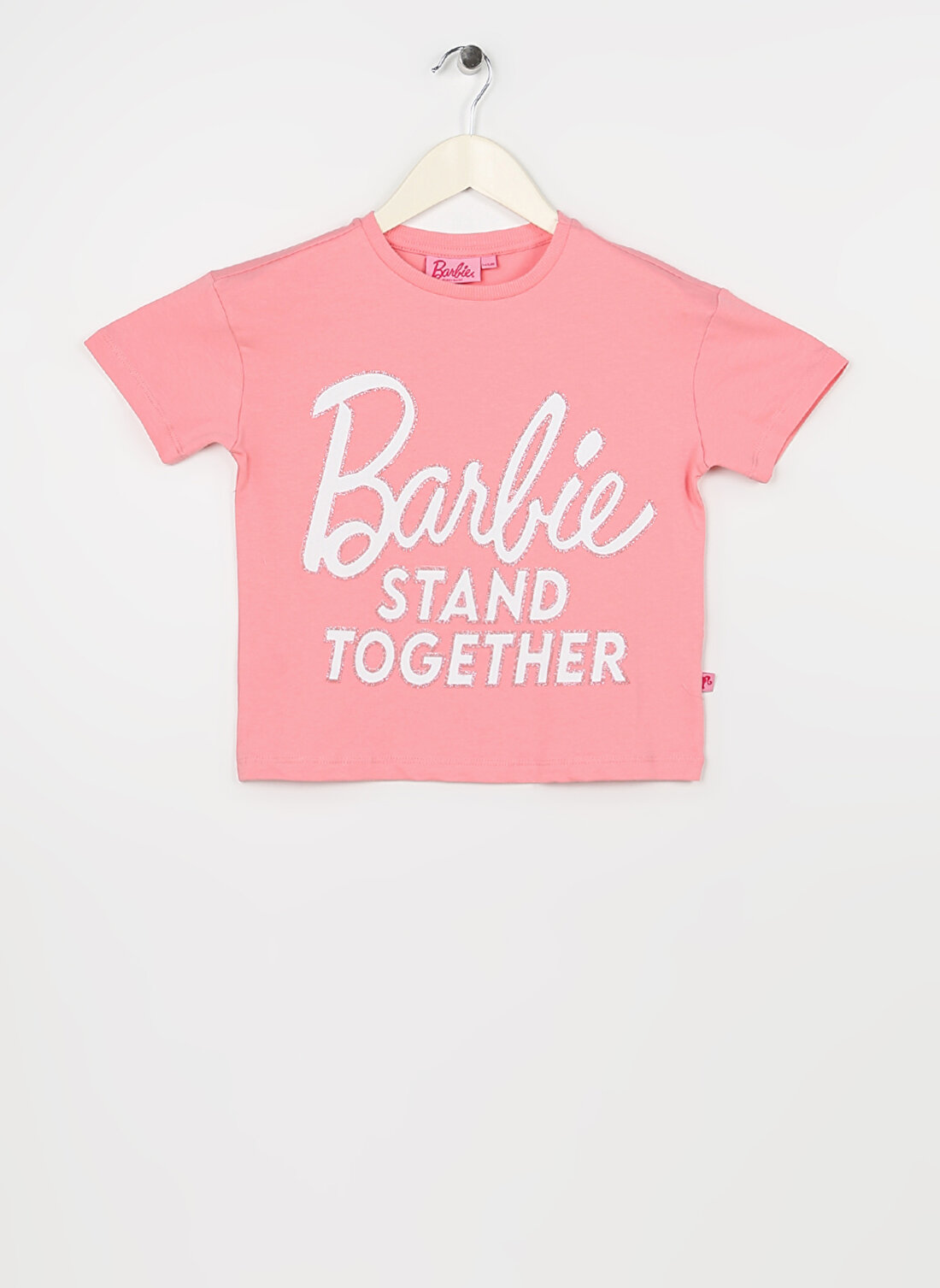 Barbie Açık Pembe Kız Çocuk Bisiklet Yaka Düşük Omuz Oversize Baskılı T-Shirt 23SSB-54 