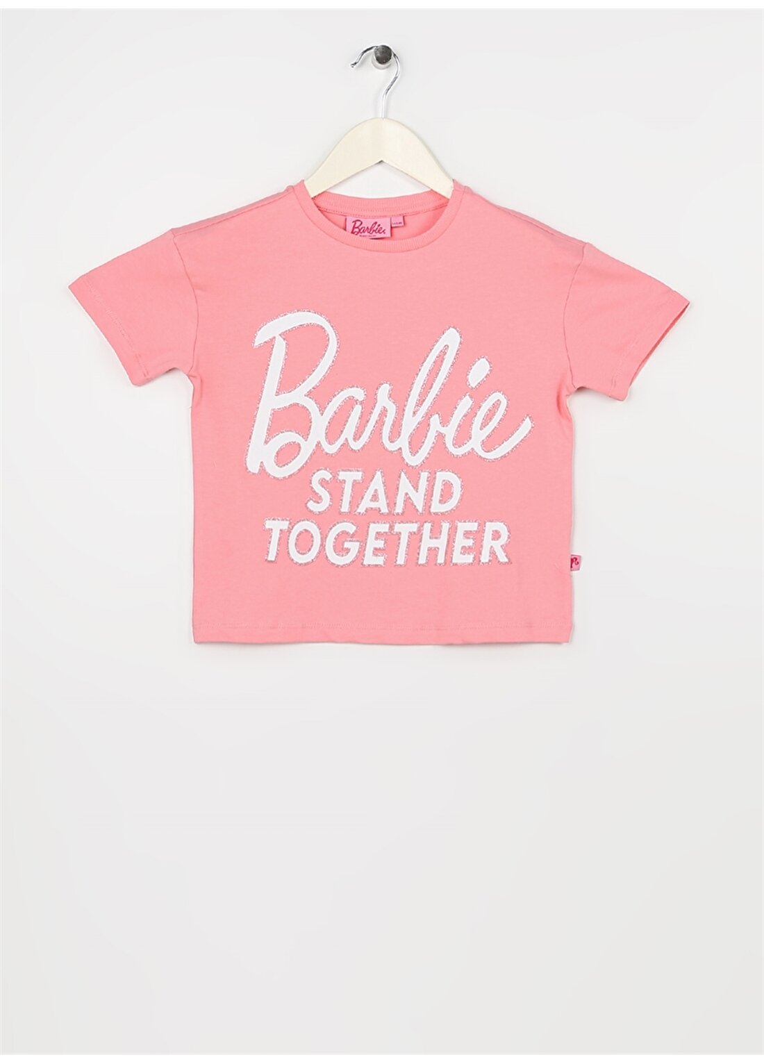 Barbie Açık Pembe Kız Çocuk Bisiklet Yaka Düşük Omuz Oversize Baskılı T-Shirt 23SSB-54