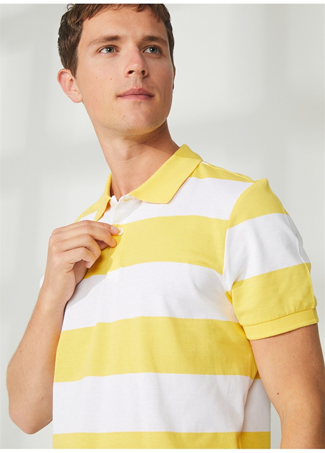 Aeropostale Çizgili Sarı - Beyaz Erkek Polo T-Shirt E-VALE