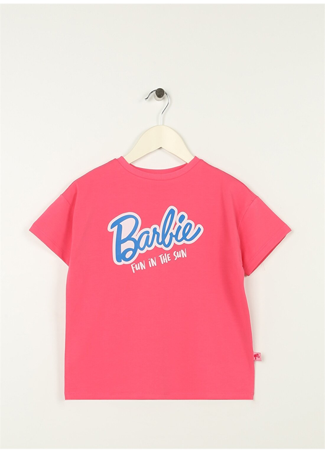 Barbie Fuşya Kız Çocuk Bisiklet Yaka Düşük Omuz Oversize Baskılı T-Shirt 23SSB-57