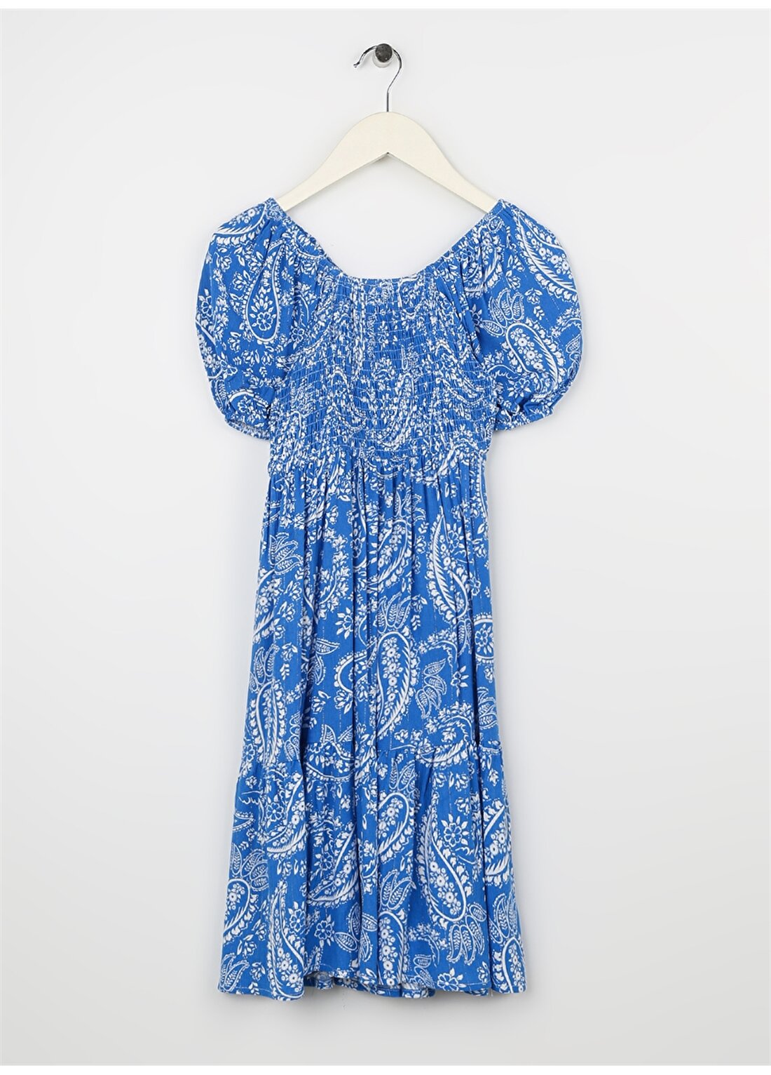 Koton Mavi Kız Çocuk Kare Yaka Kısa Kollu Diz Altı Desenli Elbise 3SKG80024AW