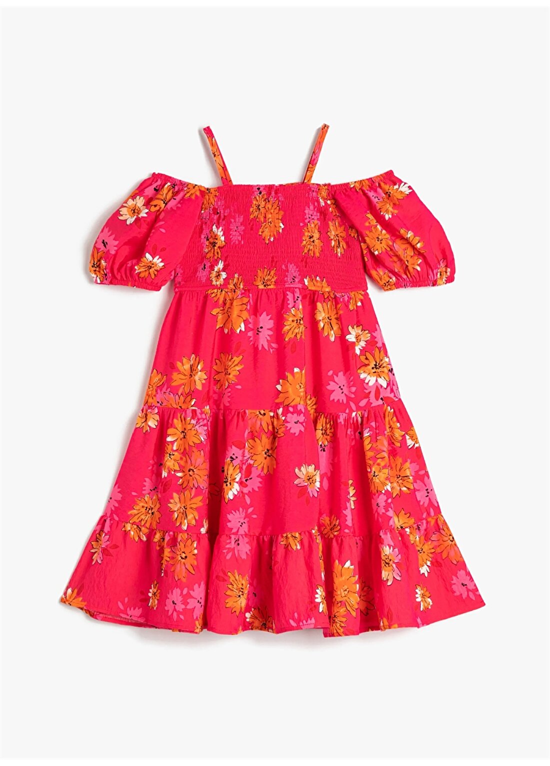 Koton Pembe Kız Çocuk Kayık Yaka Kısa Kollu Diz Altı Desenli Elbise 3SKG80083AW